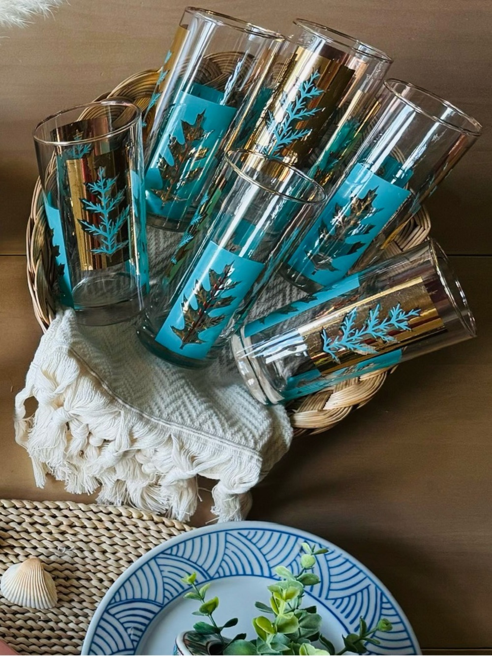 Mid-Century Turquoise & Gold Tall Drinking Glasses - Set of 8